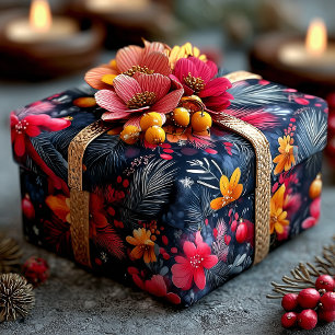 Festive Floral & Pine Christmas Pattern in Warm  Wrapping Paper