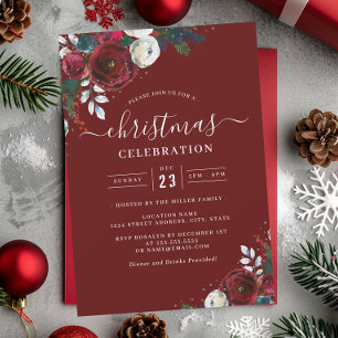 Festive Floral Red Christmas Party Invitation