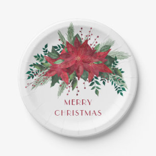 Festive Floral Red Poinsettia Merry Christmas Paper Plate
