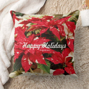 Festive Floral Red White Poinsettias Leaves Cushion