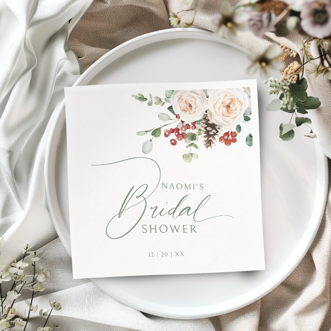 Festive Floral Winter Holiday Bridal Shower  Napkin (Festive Floral Winter Holiday Bridal Shower Napkins)