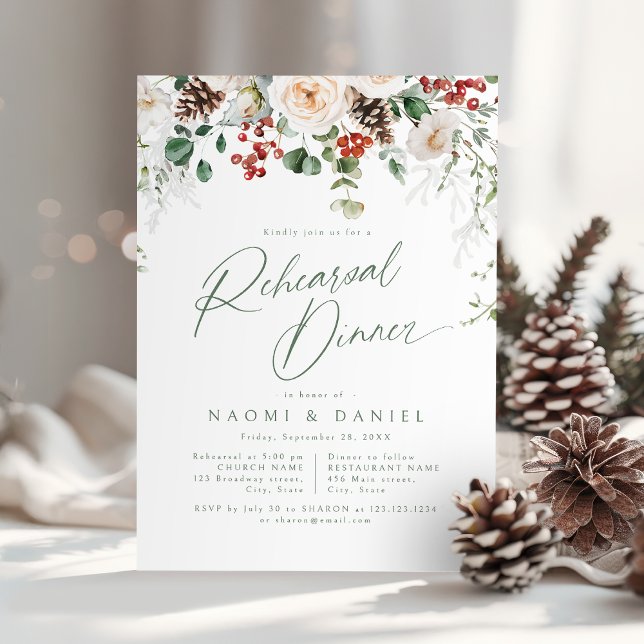 Festive Floral Winter Wedding Rehearsal Dinner Invitation (Festive Floral Winter Wedding Rehearsal Dinner Invitation)