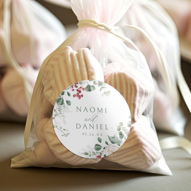 Festive Floral Winter Wedding thank you favours Classic Round Sticker (Festive Floral Winter Wedding thank you favors Classic Round Sticker)