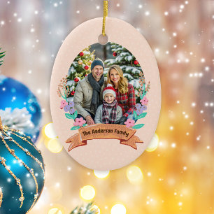 Festive Floral Wreath Christmas Baby Pink Photo Ceramic Tree Decoration