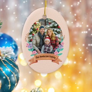 Festive Floral Wreath Christmas Baby Pink Photo Ceramic Tree Decoration