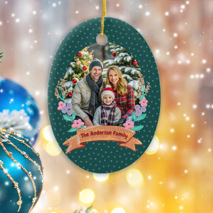 Festive Floral Wreath Christmas Green Photo Ceramic Tree Decoration