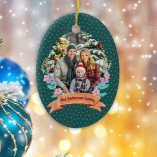 Festive Floral Wreath Christmas Green Photo Ceramic Tree Decoration