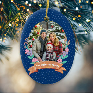 Festive Floral Wreath Christmas Navy Photo Ceramic Tree Decoration