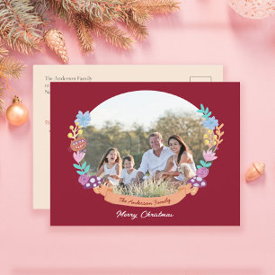 Festive Floral Wreath Dark Red Photo  Holiday Postcard