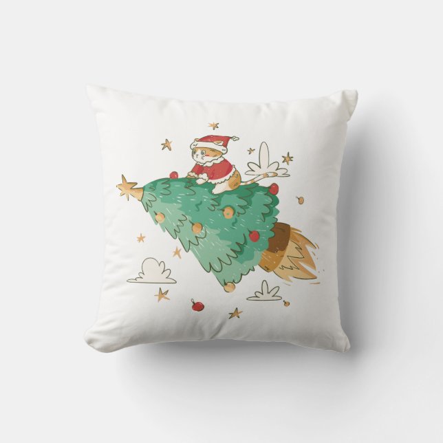 Festive Flying Christmas Tree Santa Cat  Cushion (Front)