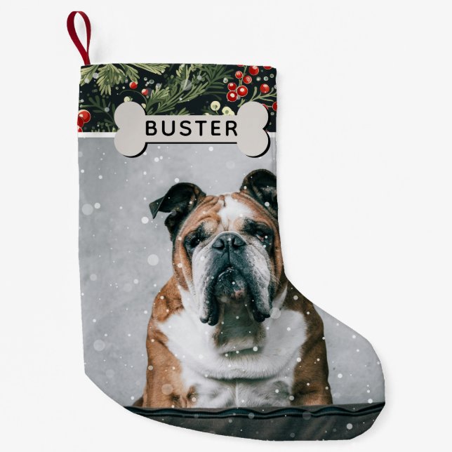Festive Foliage Custom Dog Photo & Name Small Christmas Stocking (Front)