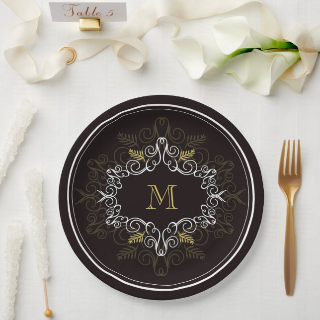 Festive Foliage Deco Frame Monogram Classy Holiday Paper Plate (Wedding)