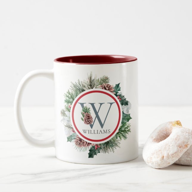 Festive Foliage Holiday Floral Initial Custom Name Two-Tone Coffee Mug (With Donut)