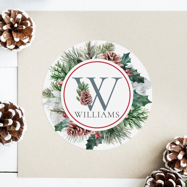 Festive Foliage Holiday Floral Initial Monogram Classic Round Sticker (Creator Uploaded)