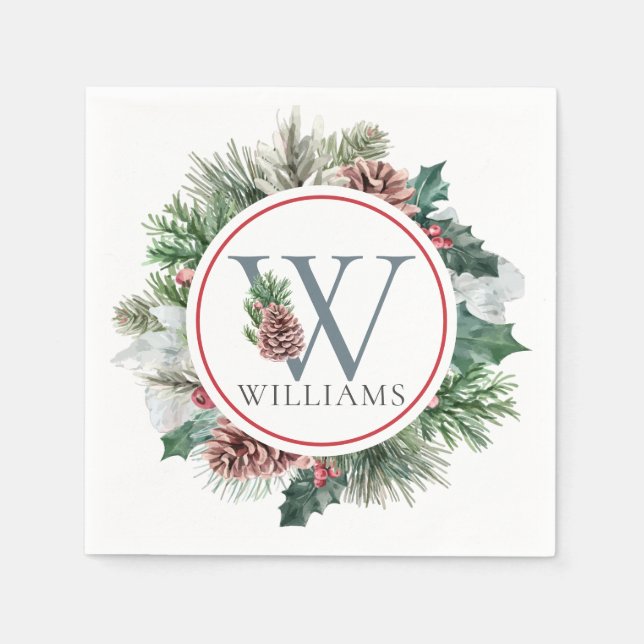 Festive Foliage Holiday Monogram Initial Dinner Napkin (Front)