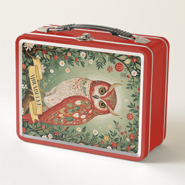 Festive Foliage Owl Personalized Metal Lunch Box (Front)