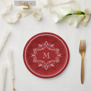 Festive Foliage Red Deco Frame Monogram Holiday Paper Plate