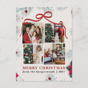 Festive Foliage Red Ribbon 4 Photo Christmas Holiday Postcard