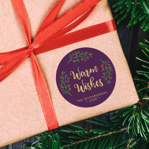 Festive Foliage Warm Wishes Purple Holiday Classic Round Sticker
