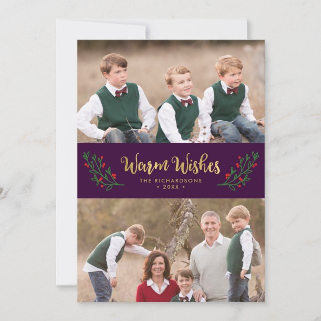 Festive Foliage Warm Wishes Purple Holiday Photo Card (Front)