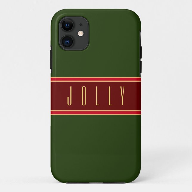 Festive Forest Green Burgundy Stripes "Jolly" Text Case-Mate iPhone Case (Back)