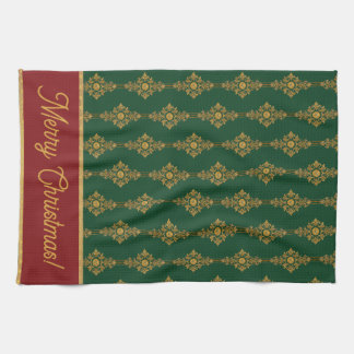 Festive Forest Green Gold Red Personalised Tea Towel