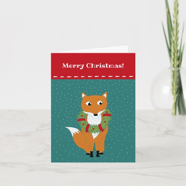 Festive Fox in a Christmas Wreath Personalised Holiday Card (Front)