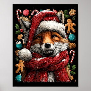 Festive Fox With Snow Santa Hat Winter Christmas A Poster