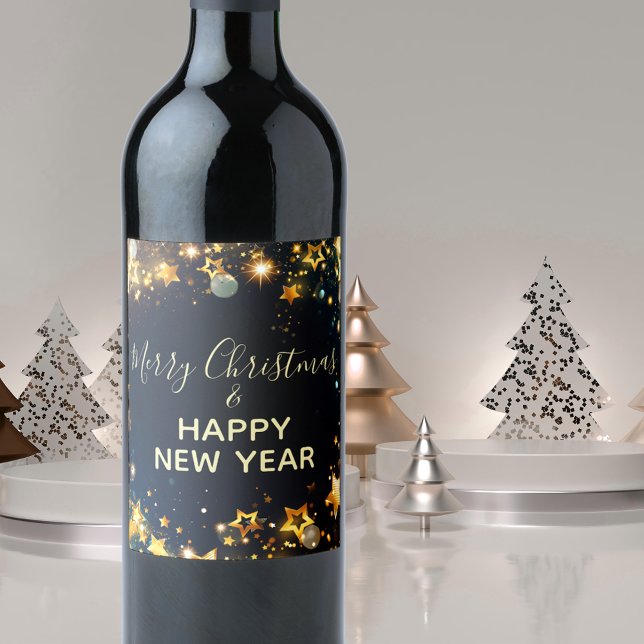 Festive Frame With Gold Stars Bokeh and Sparkles  Wine Label (Creator Uploaded)