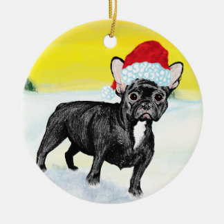 festive french bull dog ceramic tree decoration