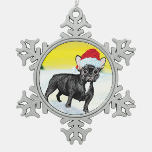 festive french bull dog snowflake pewter christmas ornament