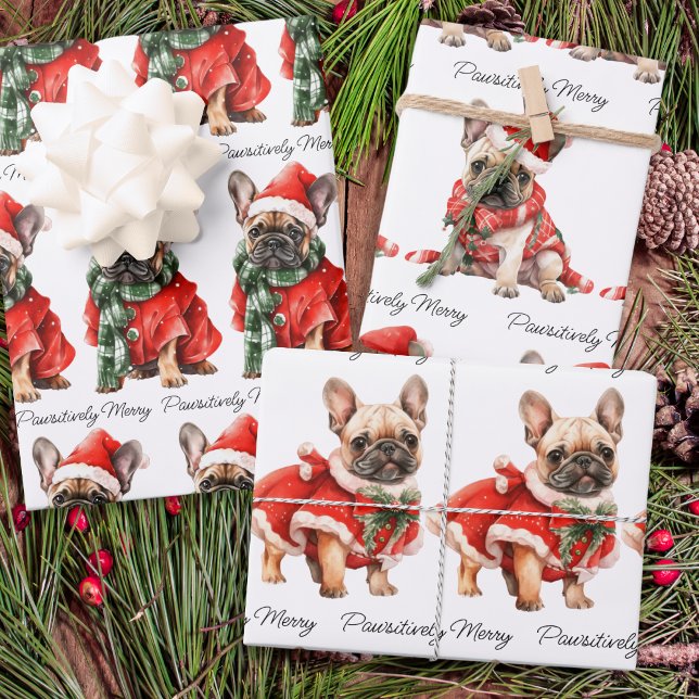 Festive French Bulldog Dogs Cute Puppies Christmas Wrapping Paper Sheet (Creator Uploaded)