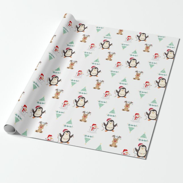 Festive Friends Christmas Penguin, Reindeer, Snow Wrapping Paper (Unrolled)