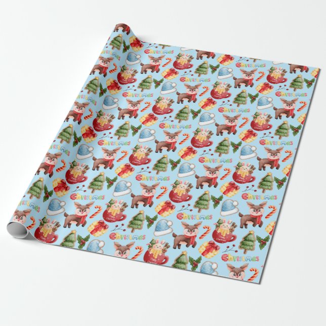 Festive Frolics: A Holiday Reindeer Extravaganza Wrapping Paper (Unrolled)
