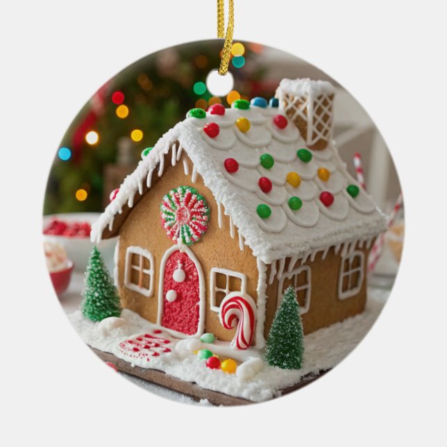 Festive Frosted Gingerbread House Ceramic Tree Decoration (Front)