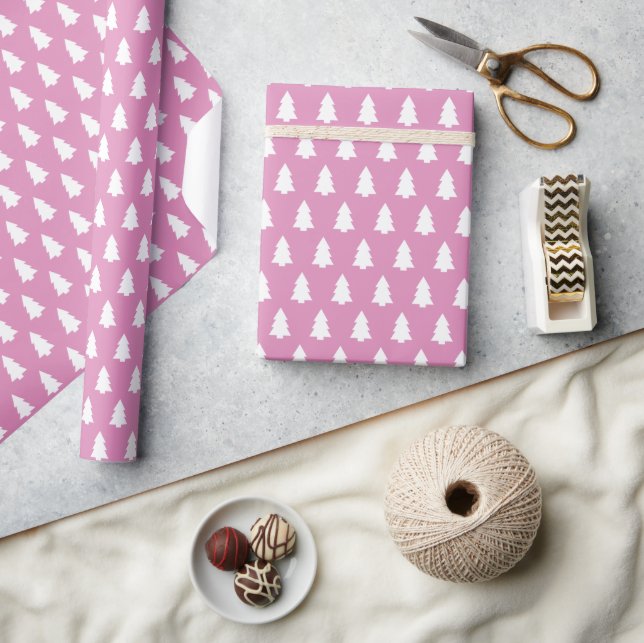 Festive Fuchsia Pink White Christmas Tree pattern Wrapping Paper (Crafts)