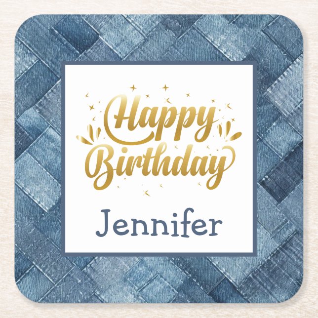 Festive Fun Blue Jean Denim Birthday Paper Coaster (Front)