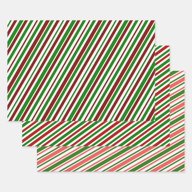 Festive, Fun, Christmas Colors Striped Pattern Wrapping Paper Sheet (Set)