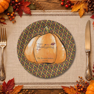 Festive Fun Pumpkin Leaf Pattern Thanksgiving Paper Plate