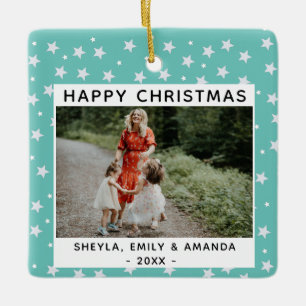 Festive Fun Turquoise Star Pattern Photo Ceramic Ornament