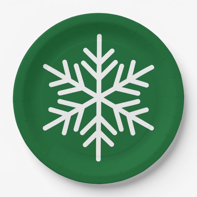 Festive Fun White Alpine Snowflake On Forest Green Paper Plate (Front)