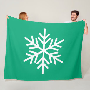 Festive Fun White Alpine Snowflake On Green Blue Fleece Blanket