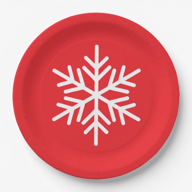 Festive Fun White Nordic Snowflake On Bright Red Paper Plate (Front)