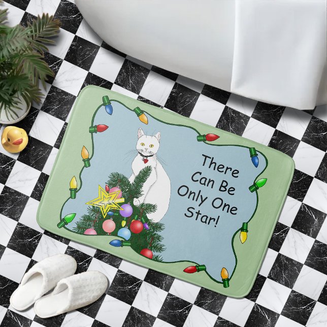 Festive Funny Christmas Tree Funny White Cat Green Bath Mat (Creator Uploaded)