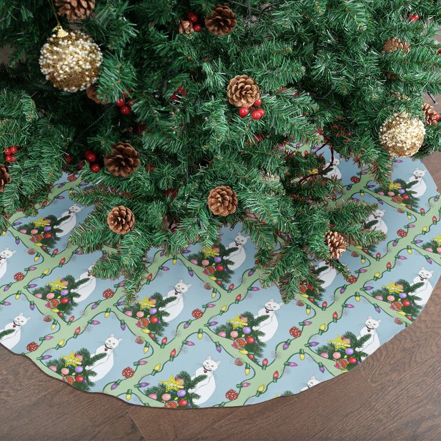 Festive Funny Christmas Tree Funny White Cat Green Brushed Polyester Tree Skirt (Creator Uploaded)
