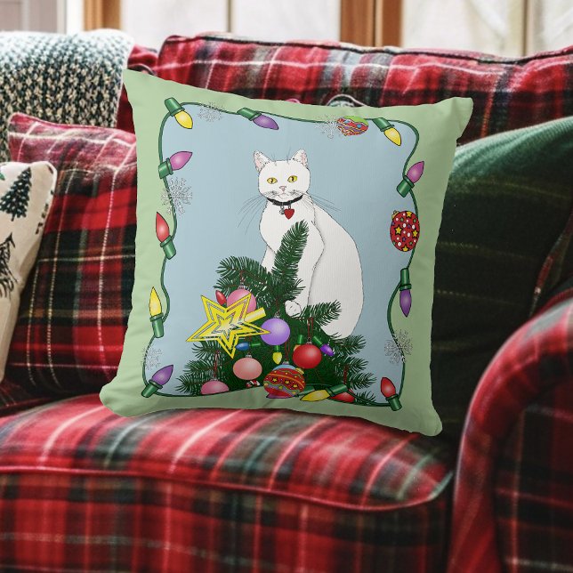 Festive Funny Christmas Tree Funny White Cat Green Cushion (Creator Uploaded)