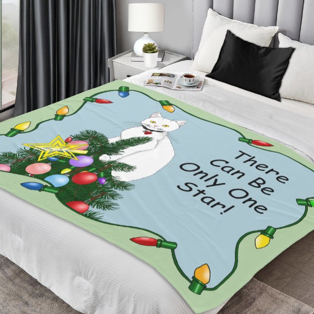 Festive Funny Christmas Tree Funny White Cat Green Fleece Blanket (Creator Uploaded)