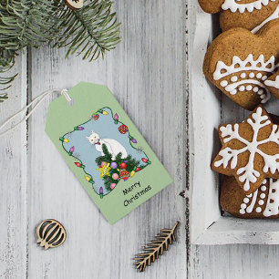 Festive Funny Christmas Tree Funny White Cat Green Gift Tags
