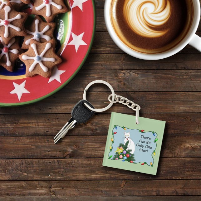 Festive Funny Christmas Tree Funny White Cat Green Key Ring (Creator Uploaded)