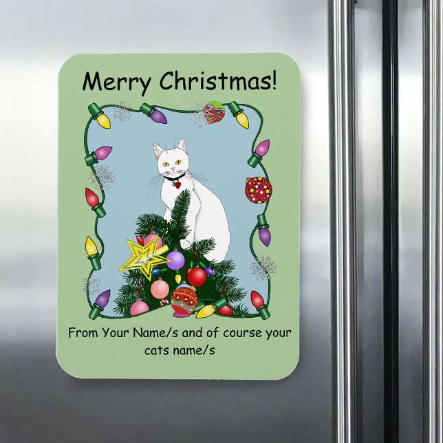 Festive Funny Christmas Tree Funny White Cat Green Magnet (Creator Uploaded)
